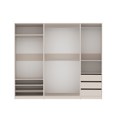 Kleiderschrank 240 cm groß, breit, hoch ohne Türen TRES L, Kleiderschrank mit Schubladen, Einlegeböden, Kleiderstange
