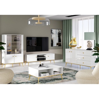 zestaw mebli biały z nogami złotymi Goldin 2 witryna ława komoda rtv