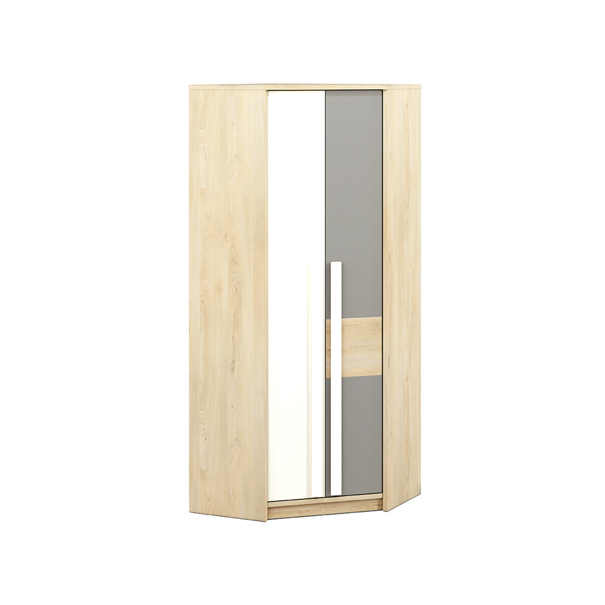 szafa 82 narożna Drop 01 z półkami drążkami na wieszaki rogowa garderoba buk biały szary do pokoju salonu sypialni korytarza