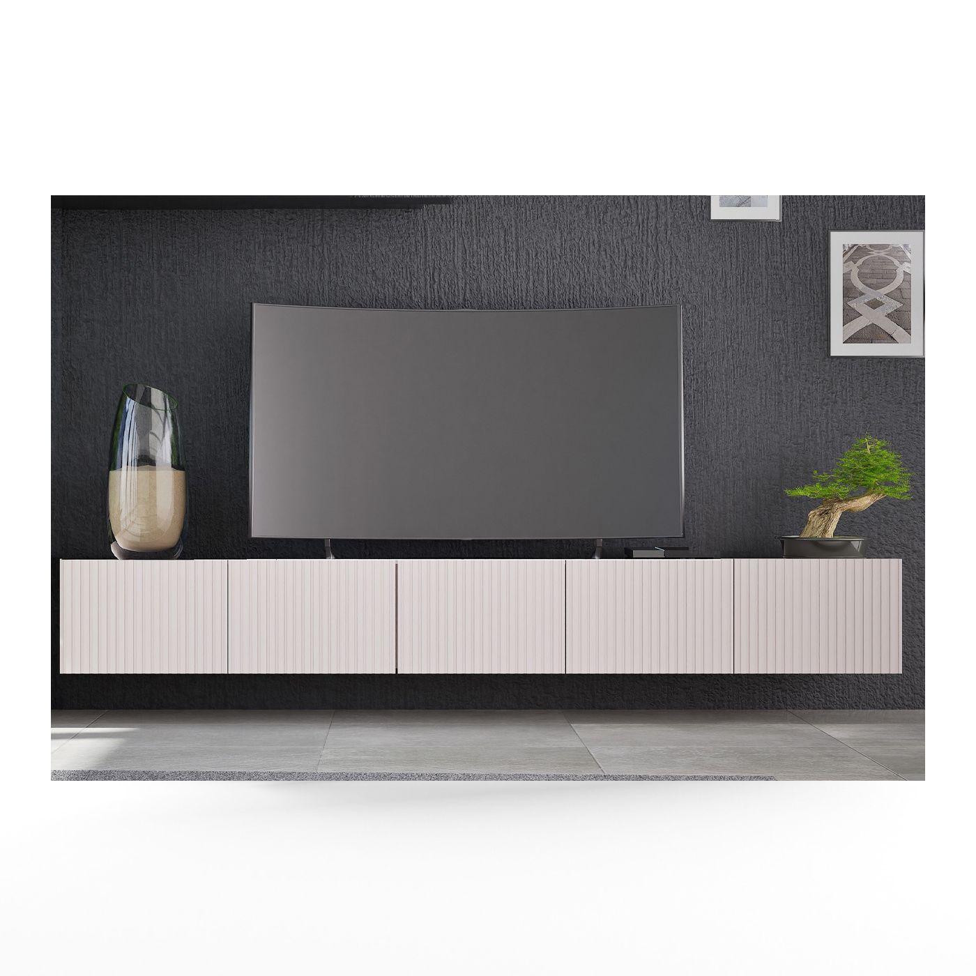zestaw mebli rtv szafka Kolder A szeroka duża 250 stolik pod tv wiszący stojący biały cashmer czarny artisan do pokoju salonu