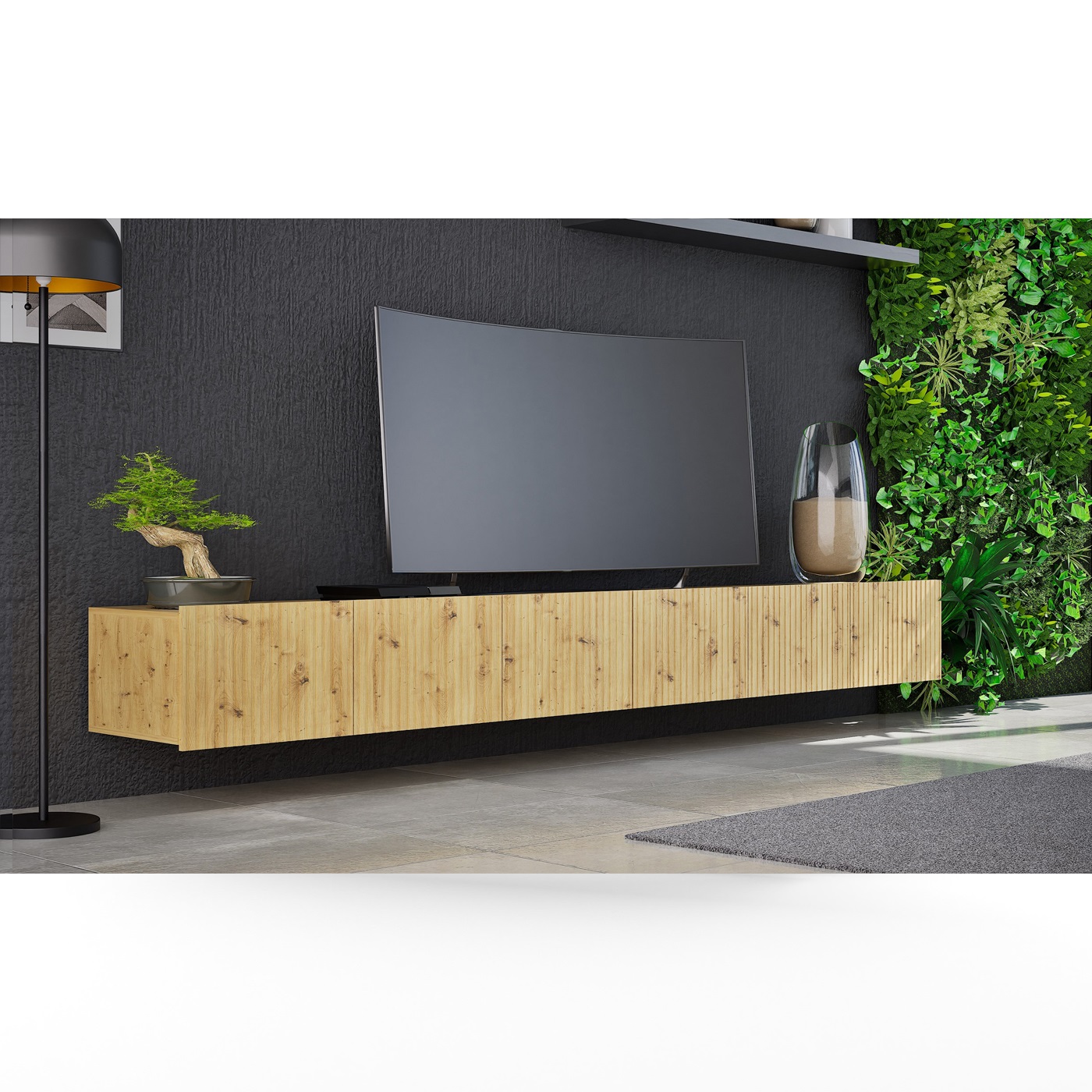 zestaw mebli wiszący stojący komplet rtv Kolder C szeroka duża szafka półka zamykana biały cashmer czarny artisan do salonu