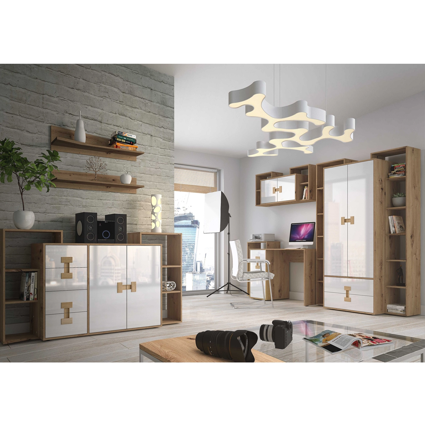 zestaw komplet Index 4 biurko komoda regał szafa biała w połysku