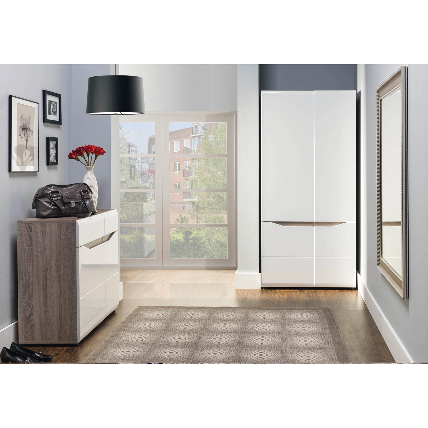 zestaw mebli Lionel 6 komoda szafa biała w połysku do pokoju sypialni