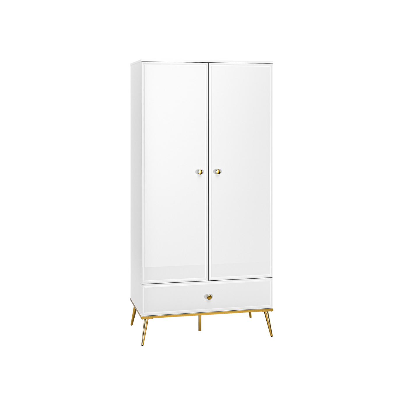 szafa 92 na złotych nogach z szufladą Goldin 01 ubraniowa biała połysk