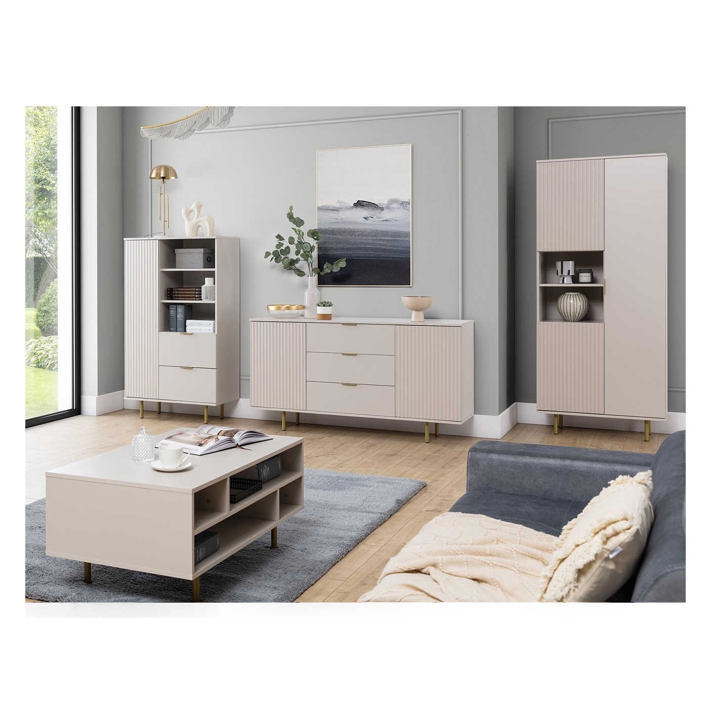 zestaw nowoczesna meblościanka Nubia 3 komoda regał ława frez