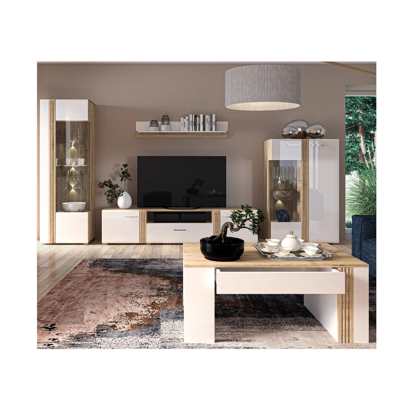 zestaw meblościanka telewizyjna Adagio 3 witryna rtv ława biała połysk