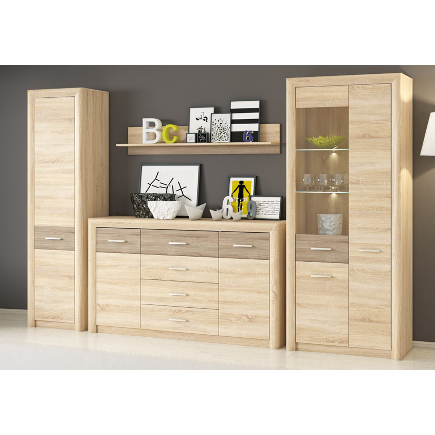 zestaw mebli pokojowych Castel 8 witryna duża komoda szafa dąb
