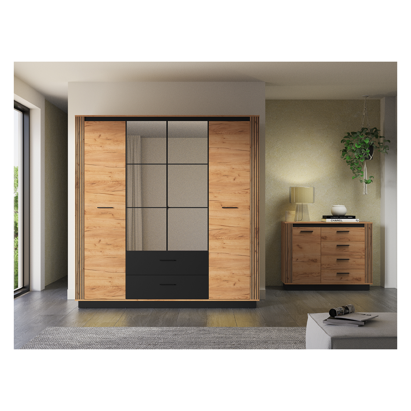 zestaw Urso 3 komoda szafa z lustrem frez lamele do sypialni pokoju