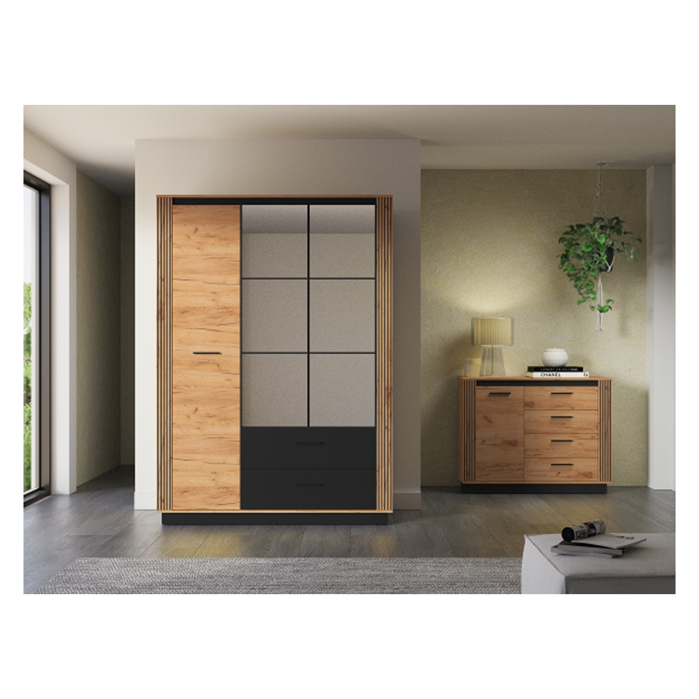 zestaw nowoczesny loft Urso 4 komoda z szufladami szafa z lustrem