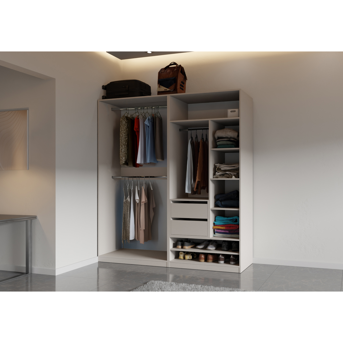 szafa 190 bez drzwi Tres C z półkami szufladami drążek garderoba zestaw