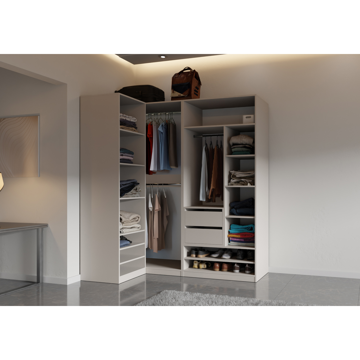 szafa 101 - 190 rogowa bez drzwi Tres F duża rogowa półki szuflady drążki