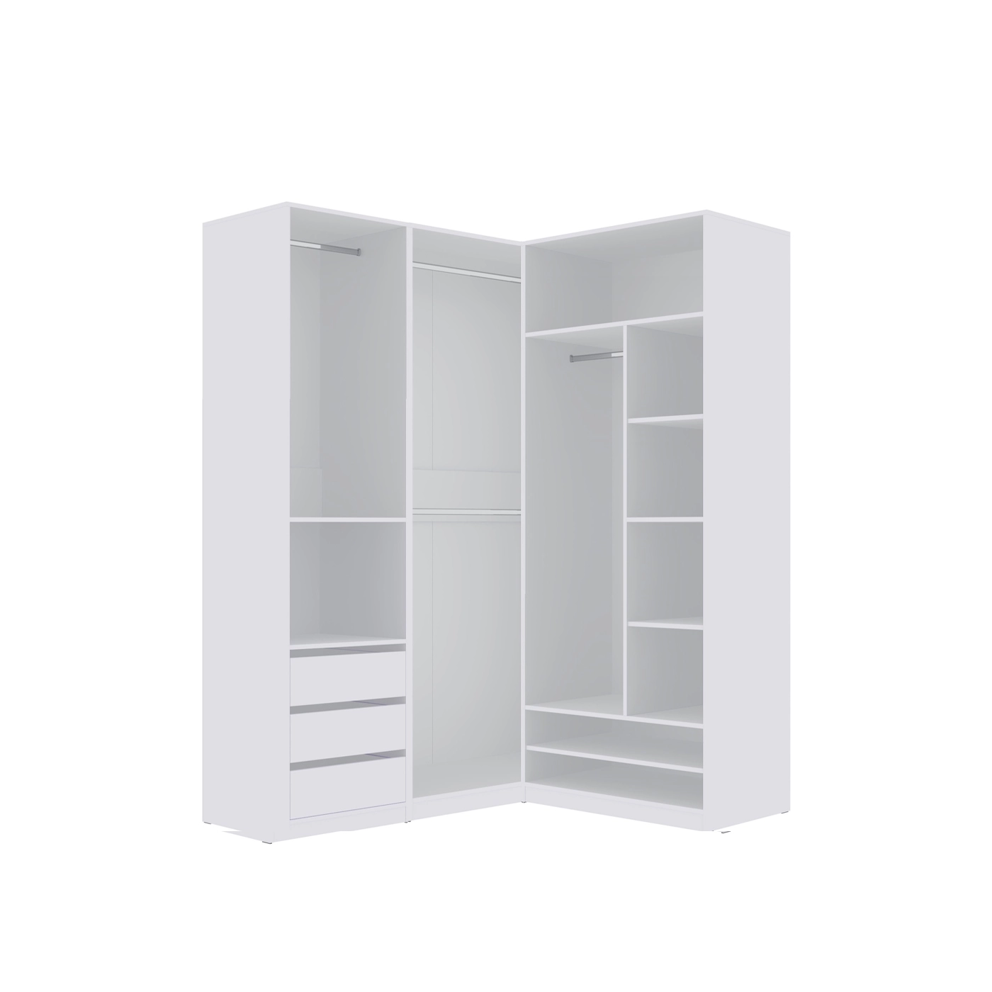 szafa 160 - 141 rogowa bez drzwi Tres P z półkami szufladami drążkami