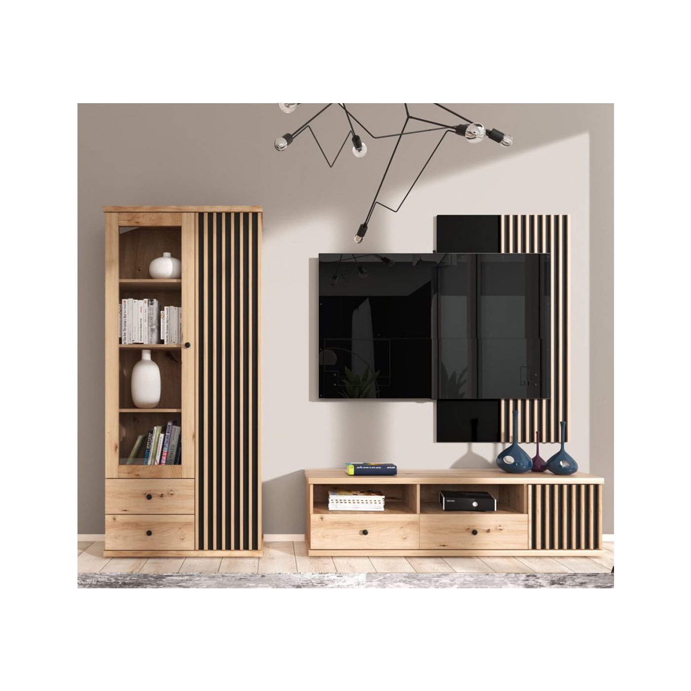 zestaw nowoczesny Cali 2 loft witryna szafka rtv z nogami meblościanka