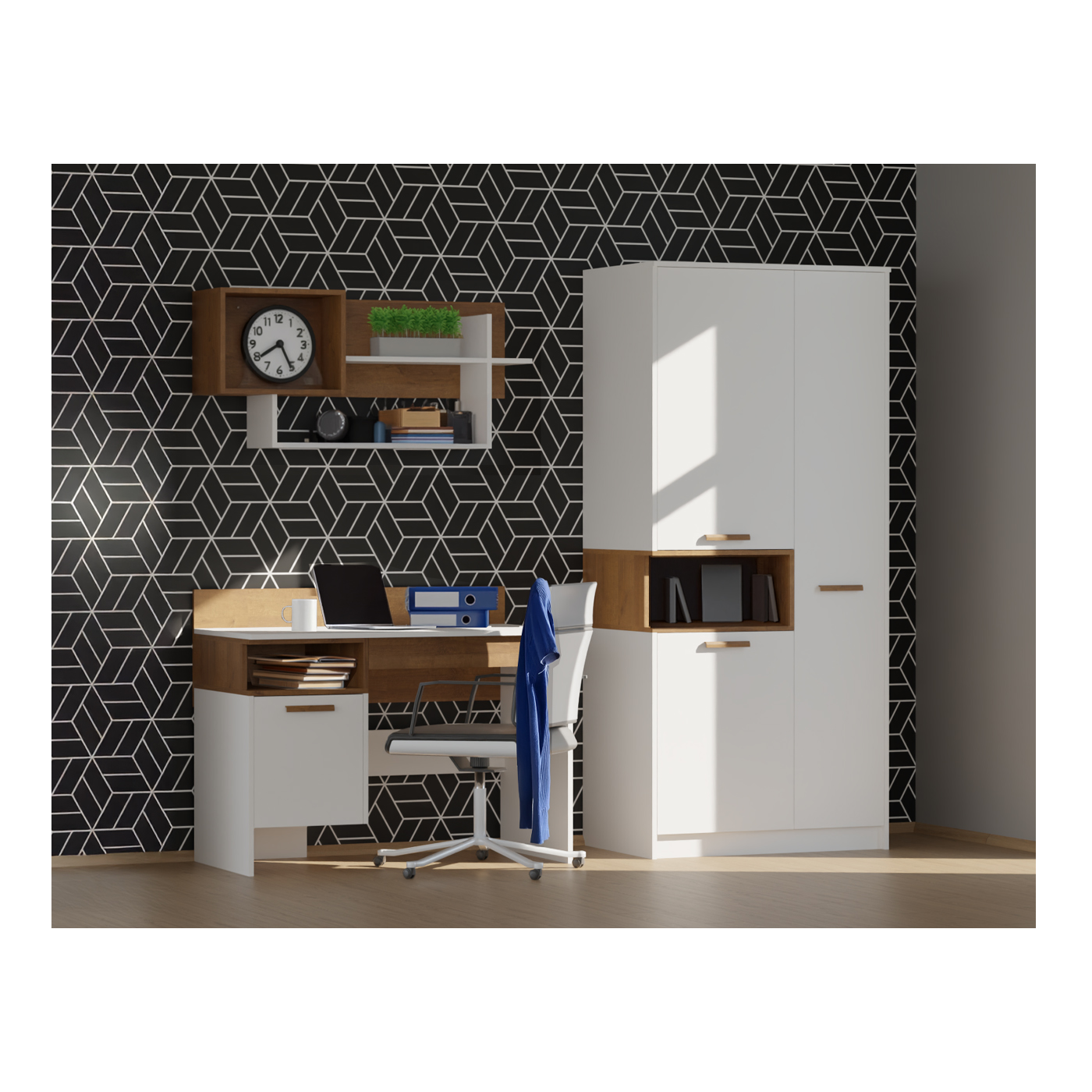 zestaw komplet Grant I ucznia dzieci z biurkiem półą szafą młodzieżową