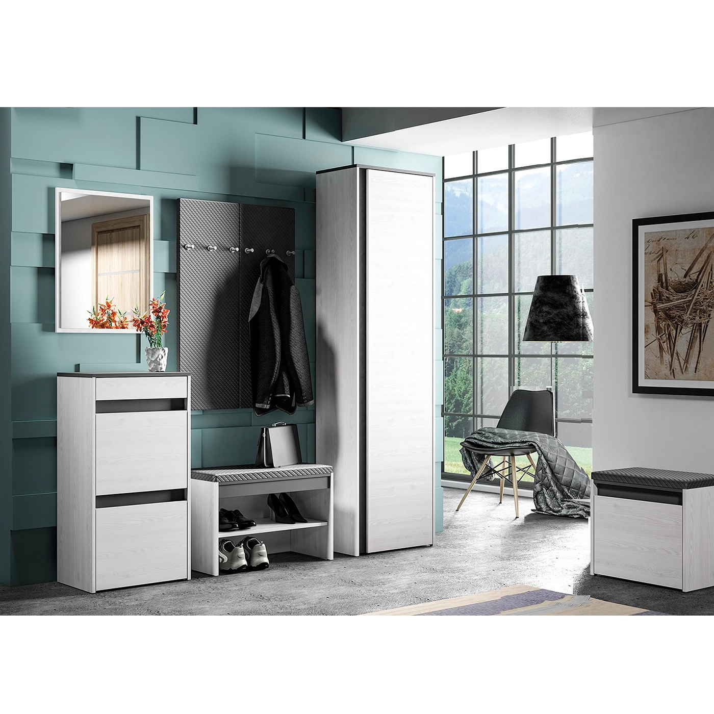 zestaw nowoczesna garderoba Hyga 1a siedzisko wieszak lustro szafa