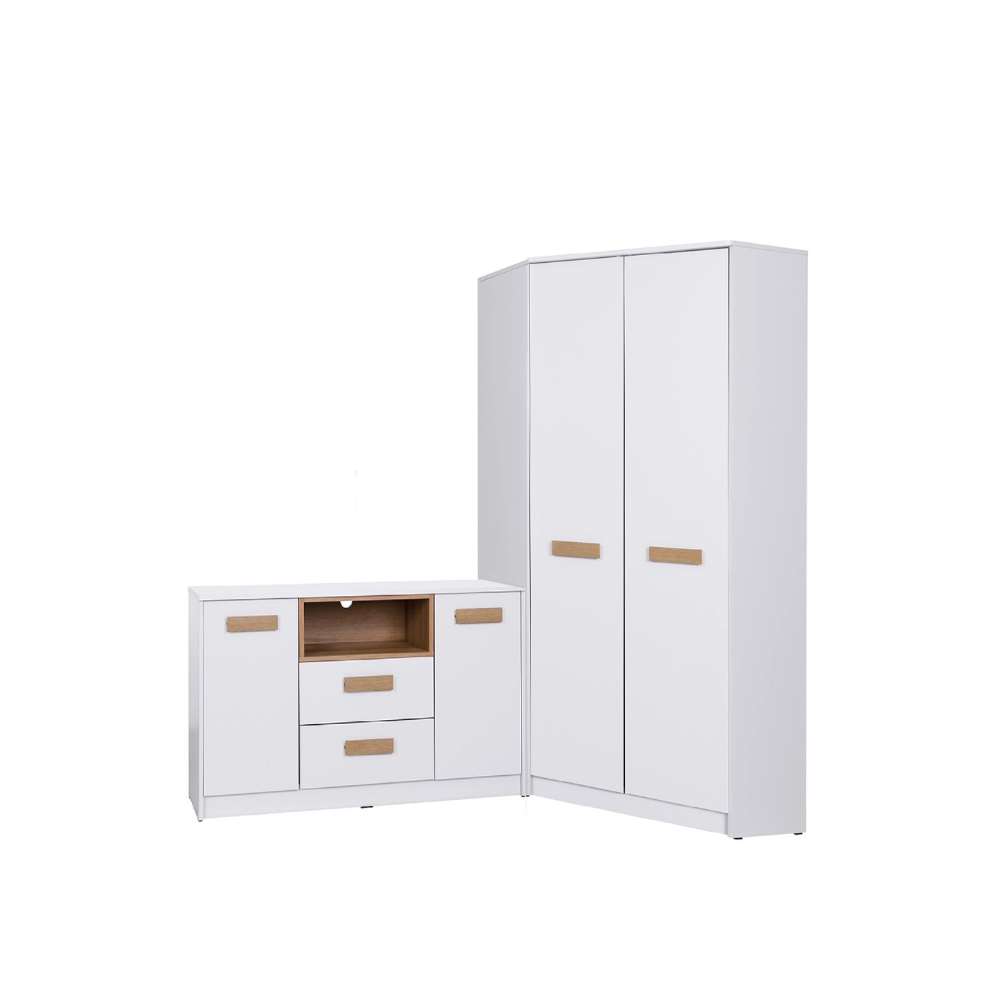 zestaw garderoba Grant 18 szafa narożna komoda biała do sypialni pokoju