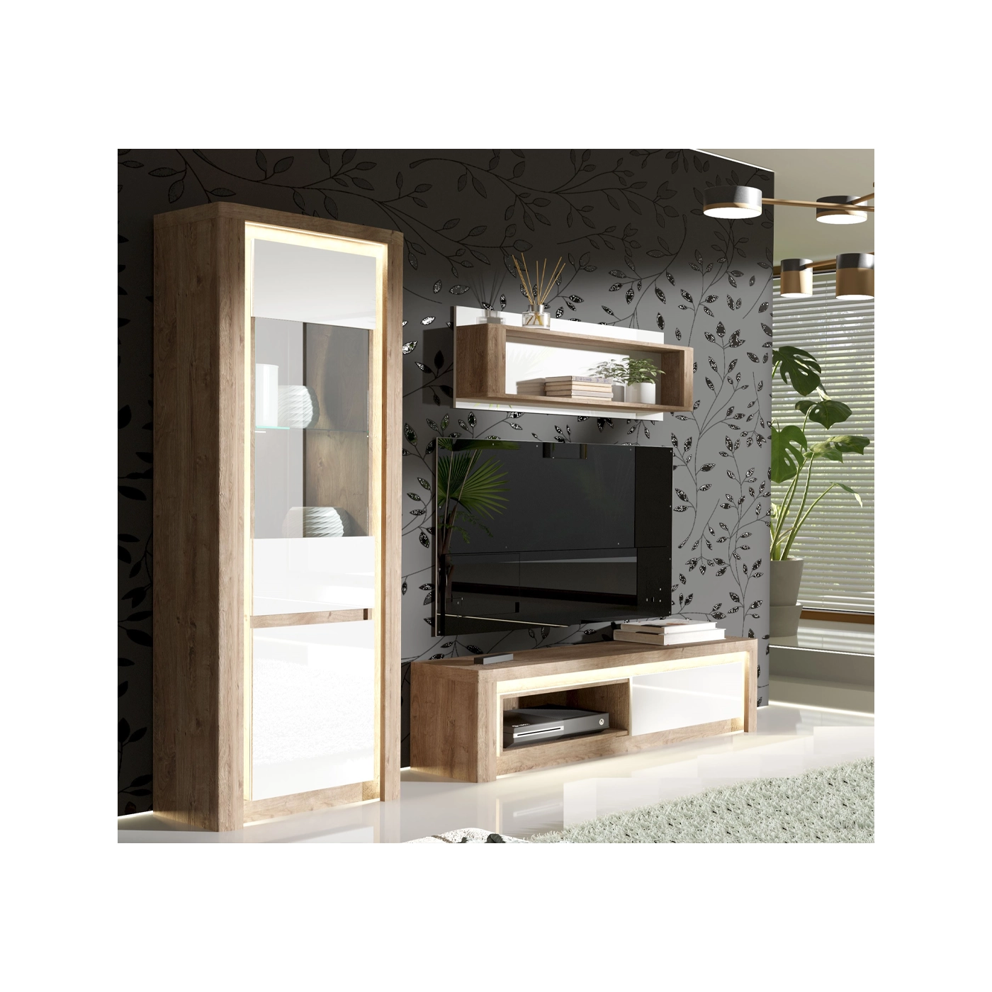 zestaw mała meblościanka Livinio 2 rtv szafka witryna pólka komplet