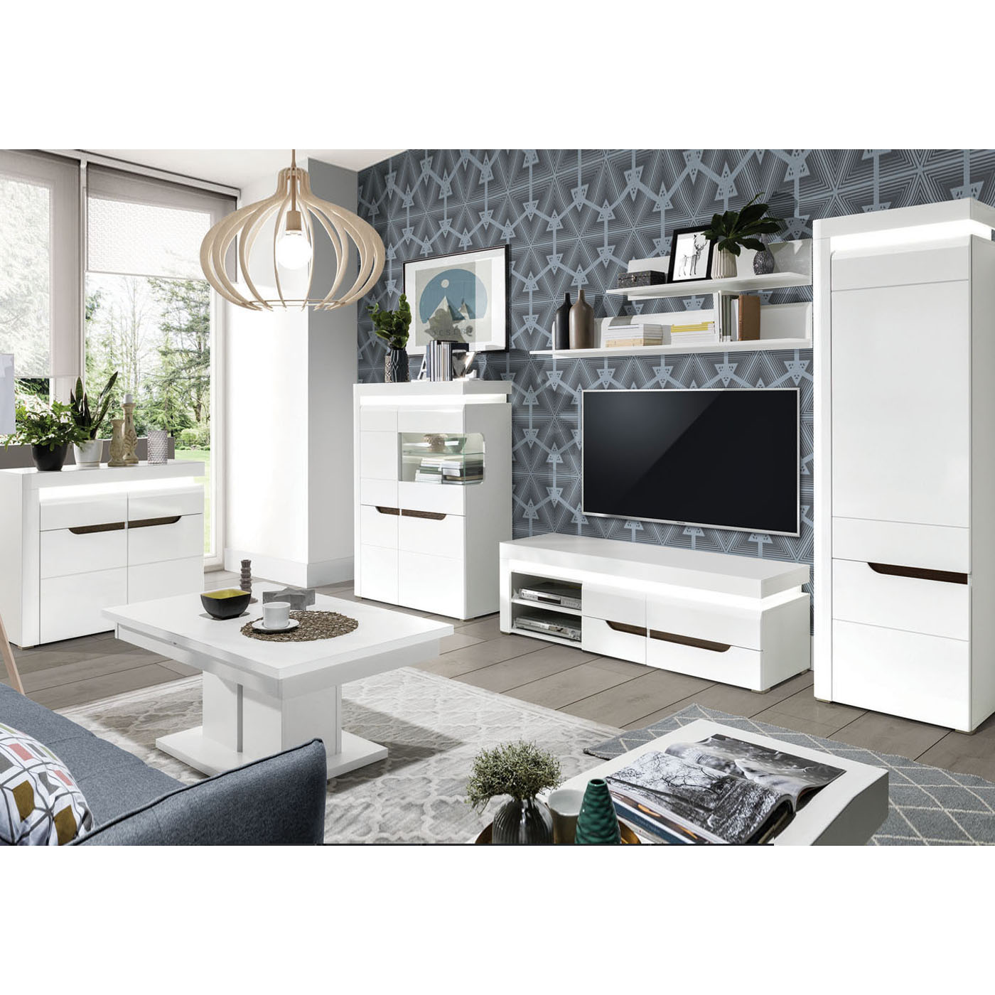 zestaw meblościanka Irma 2 ława rozkładana witryna rtv komoda biała