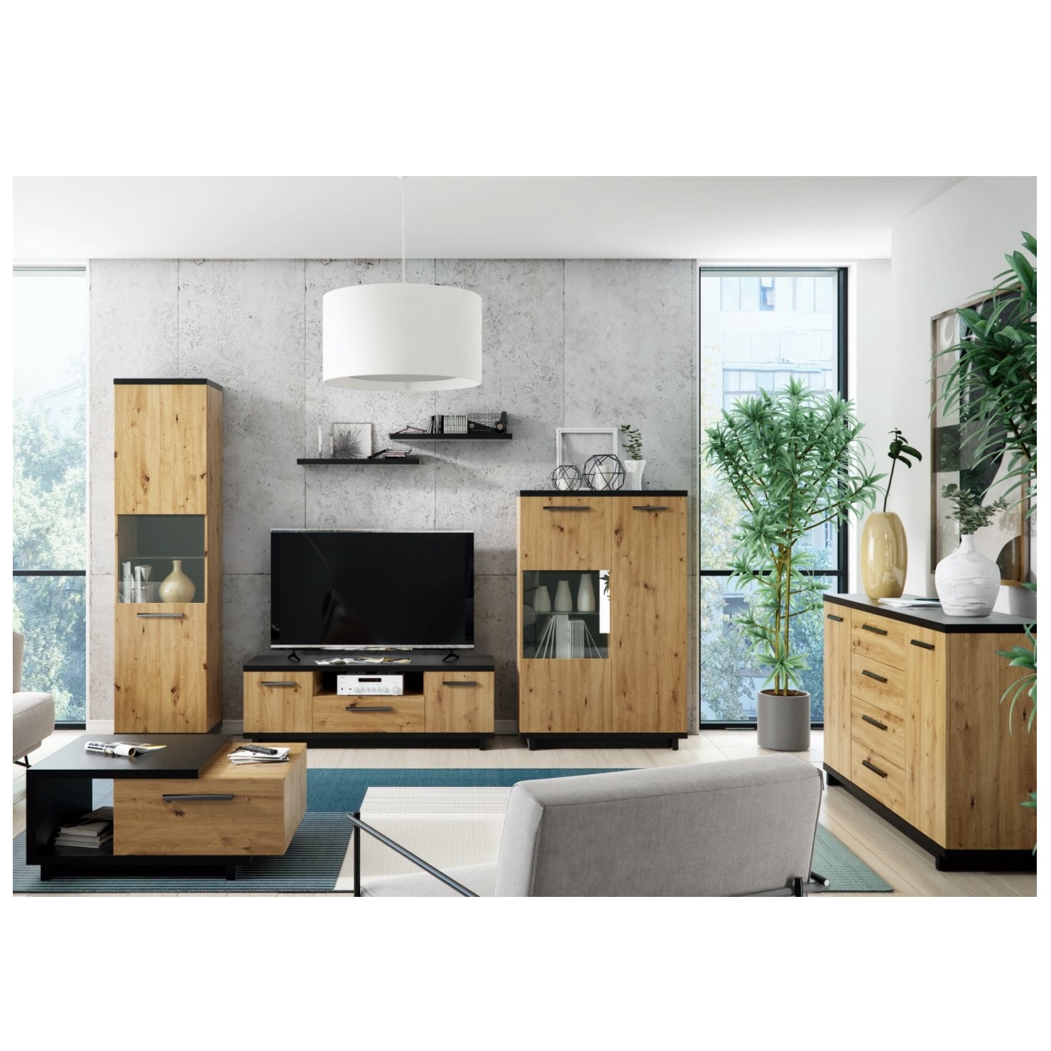 zestaw mebli pokojowych Ines 8 komoda rtv ława witryna loft komplet