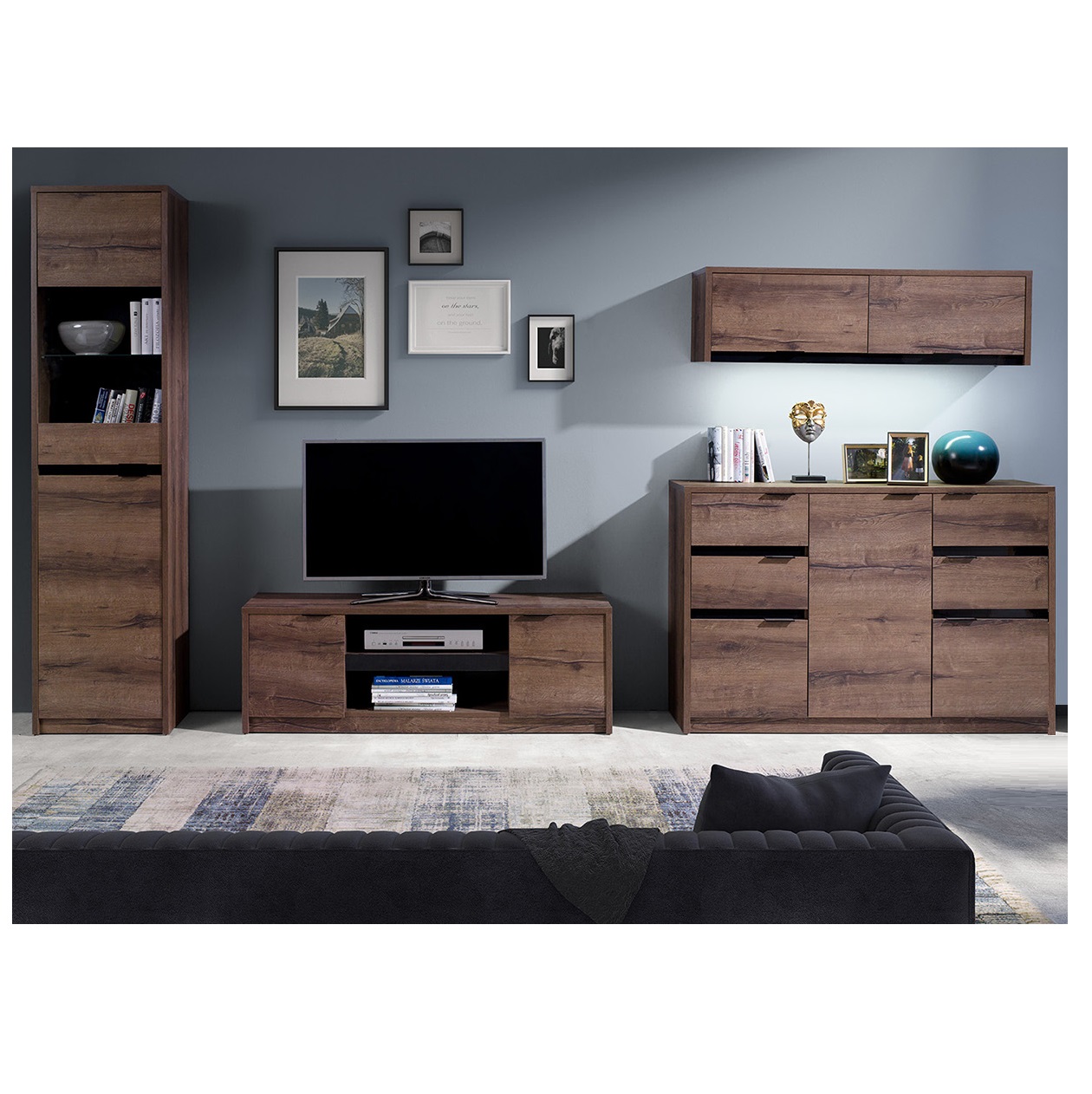 zestaw mebli Denver 12 komplet witryna szafka rtv komoda meblościanka dąb monastery + czarny połysk do pokoju salonu