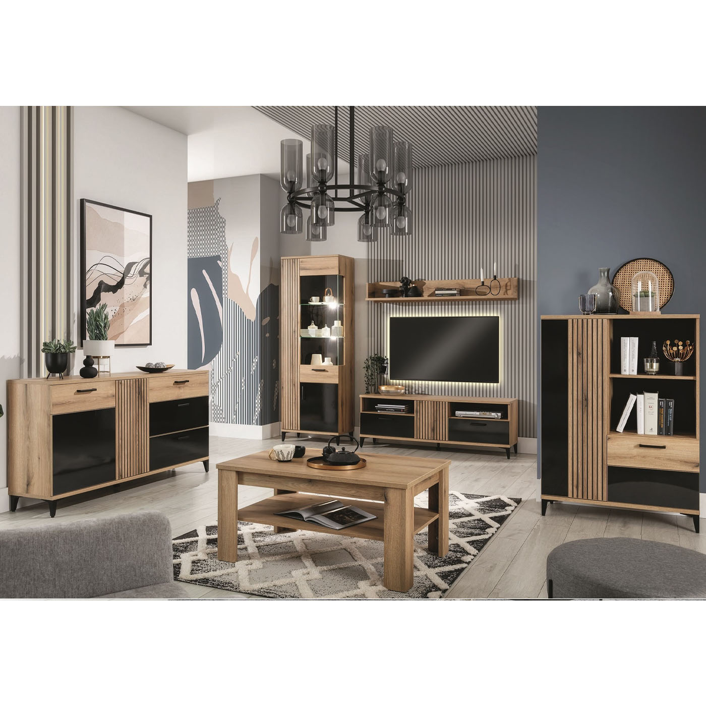 zestaw duży Aris 1 rtv komoda witryna na nóżkach ława do pokoju salonu