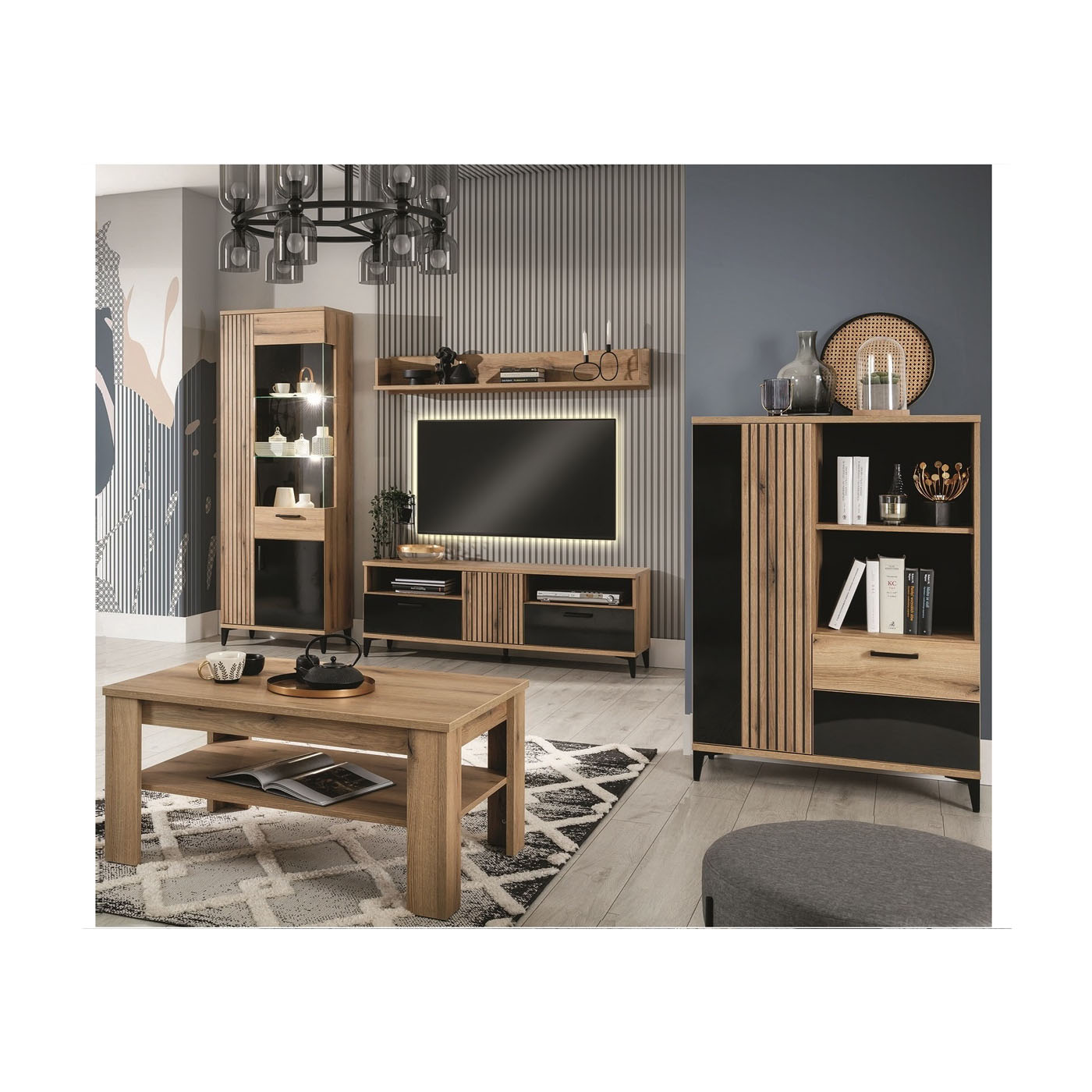 zestaw komplet pokojowy Aris 3 witryna szafka rtv ława do salonu