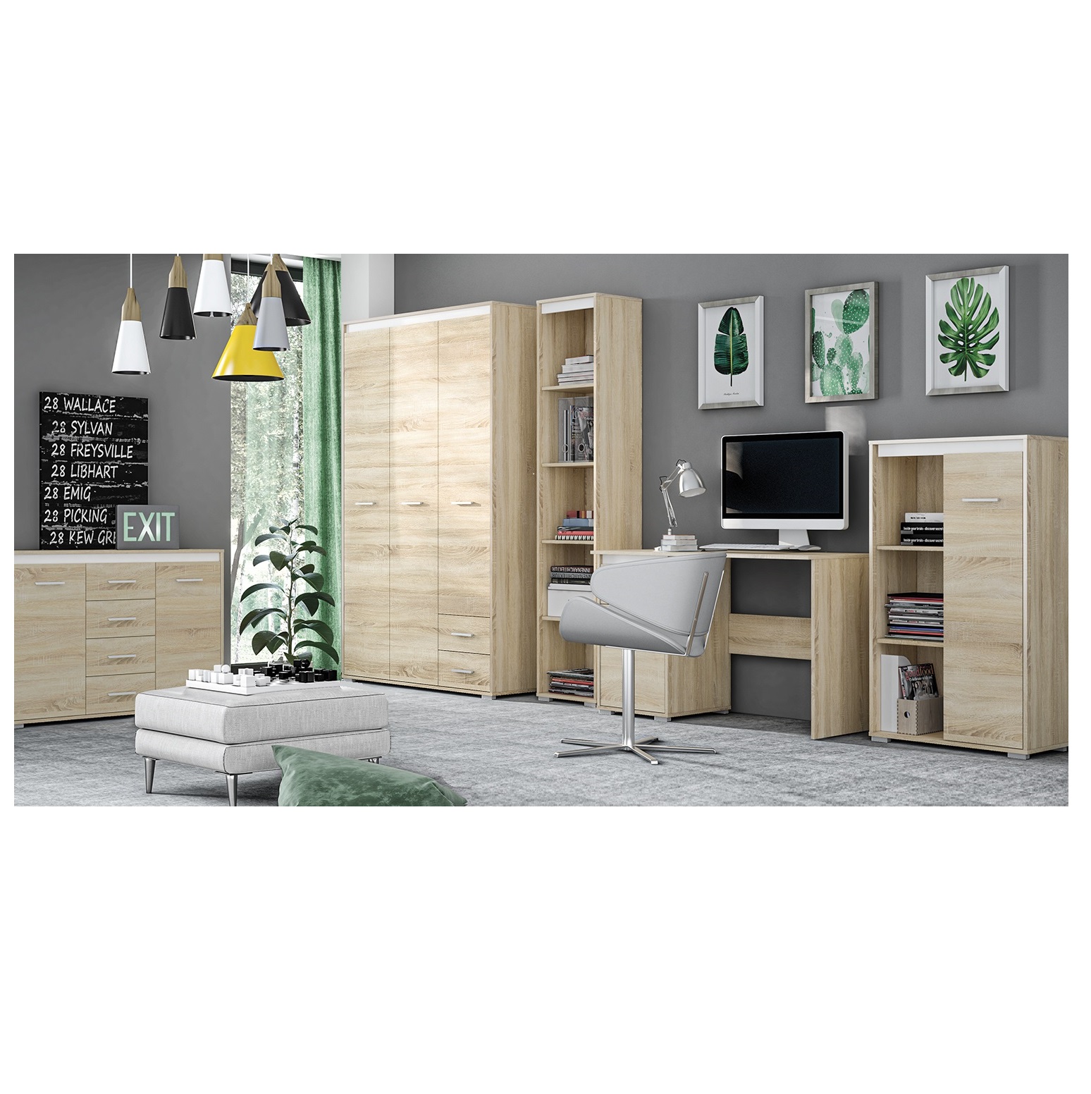 zestaw mebli młodzieżowych dla ucznia Avo 4 komoda regał biurko szafa komplet sonoma antracyt biały do pokoju