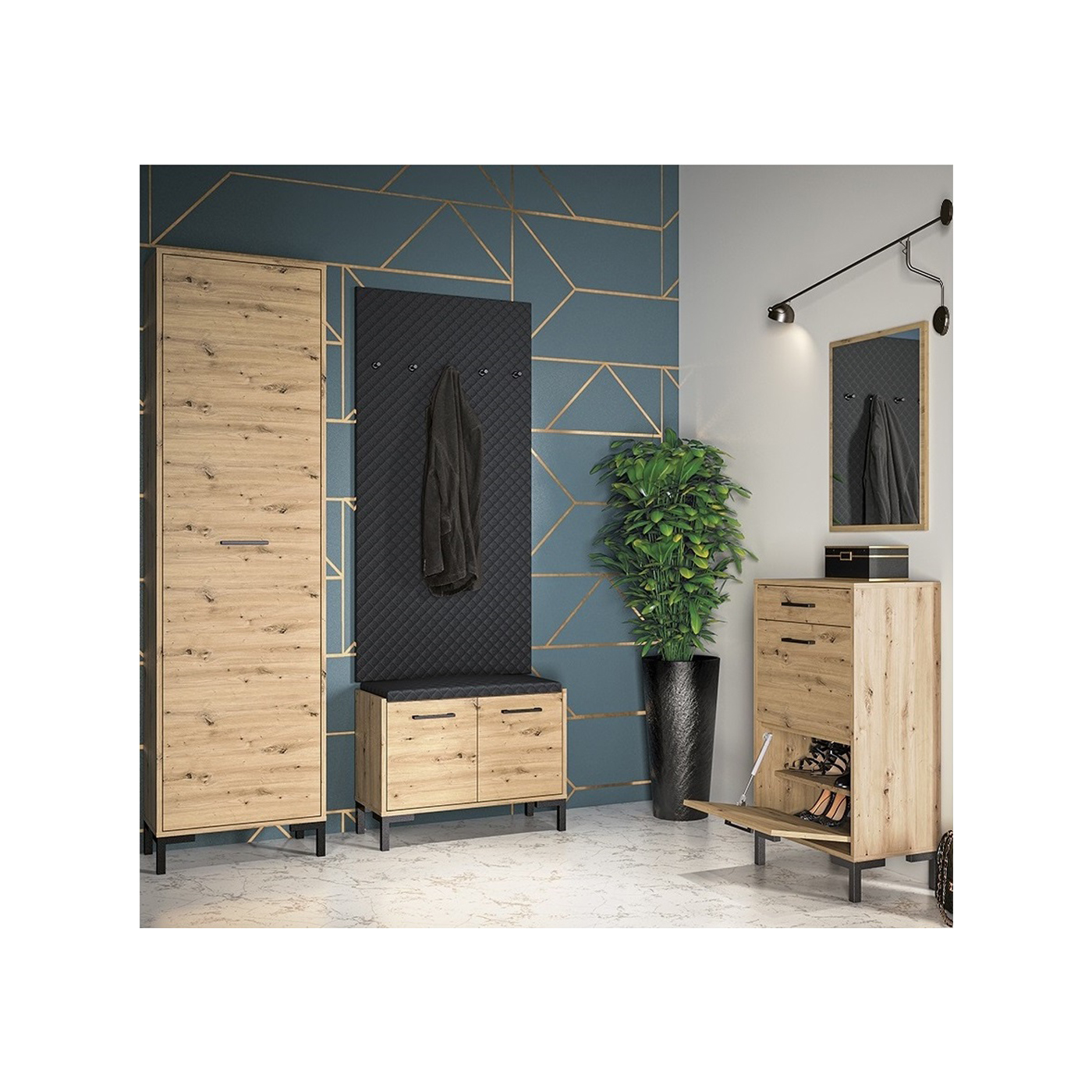 zestaw garderoba Nevio 2 komoda na buty szafka z siedziskiem szafa