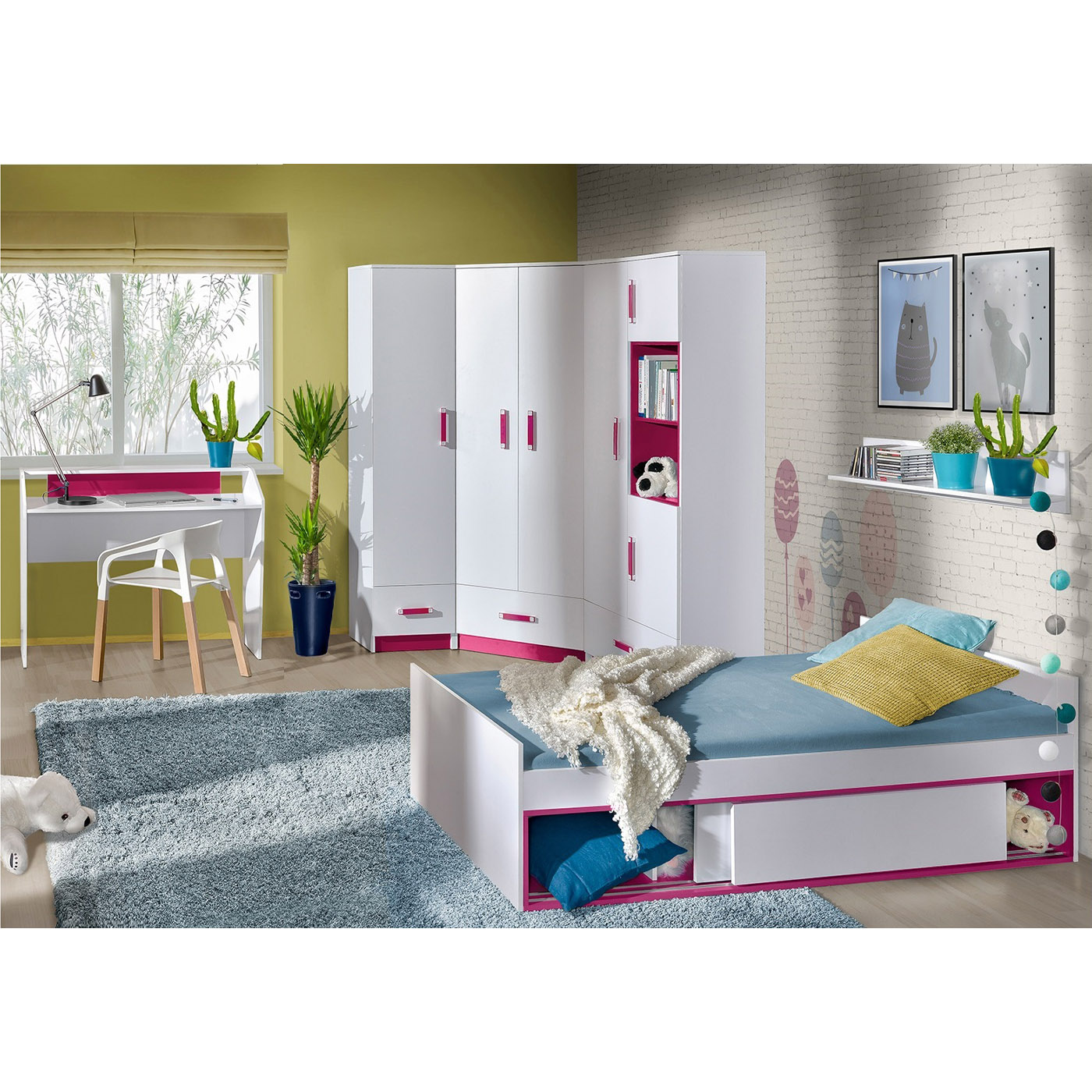 zestaw młodzieżowy dziecięcy Trafiko 4 biurko łóżko szafa narożna biała