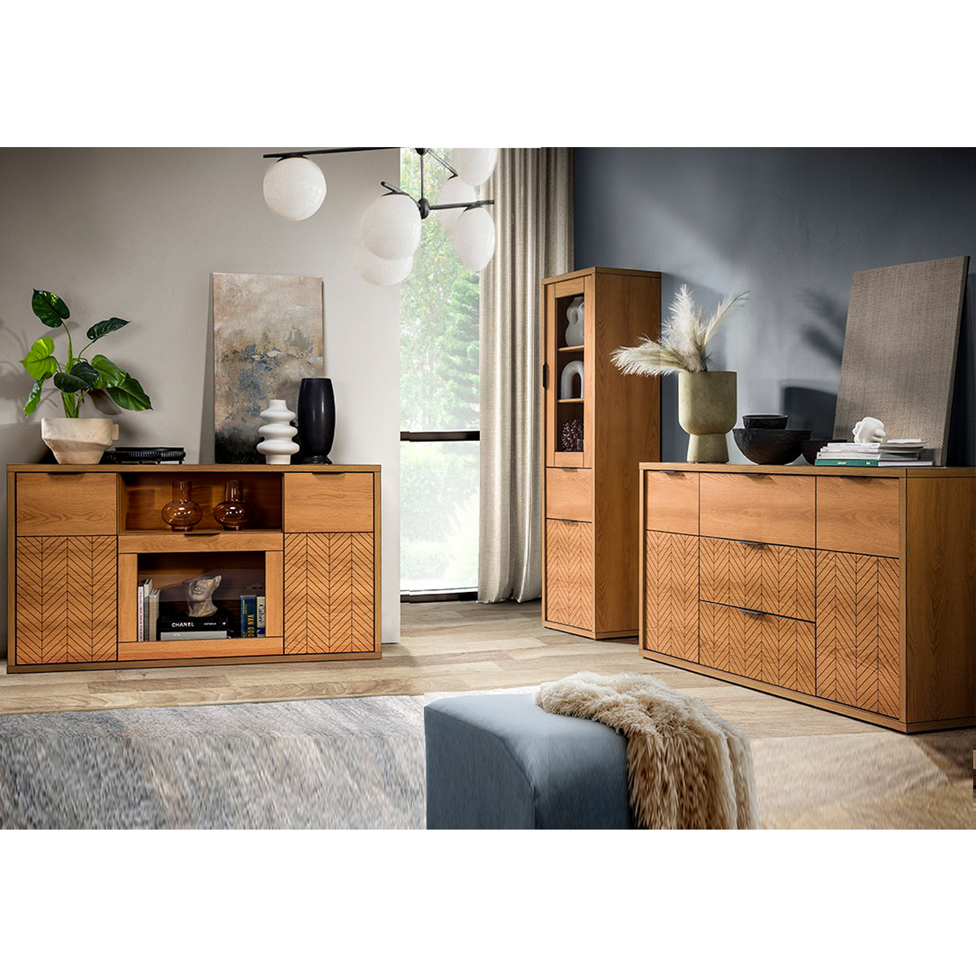 zestaw mebli komplet loft Fonti 1 komoda przeszklona szafka witryna