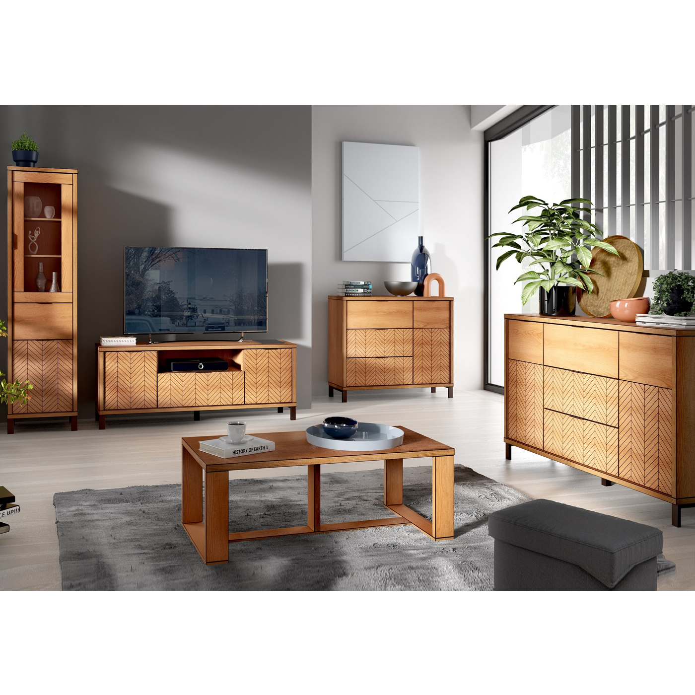 zestaw pokojowy z nogami Fonti 2 ława witryna szafka rtv komoda loft