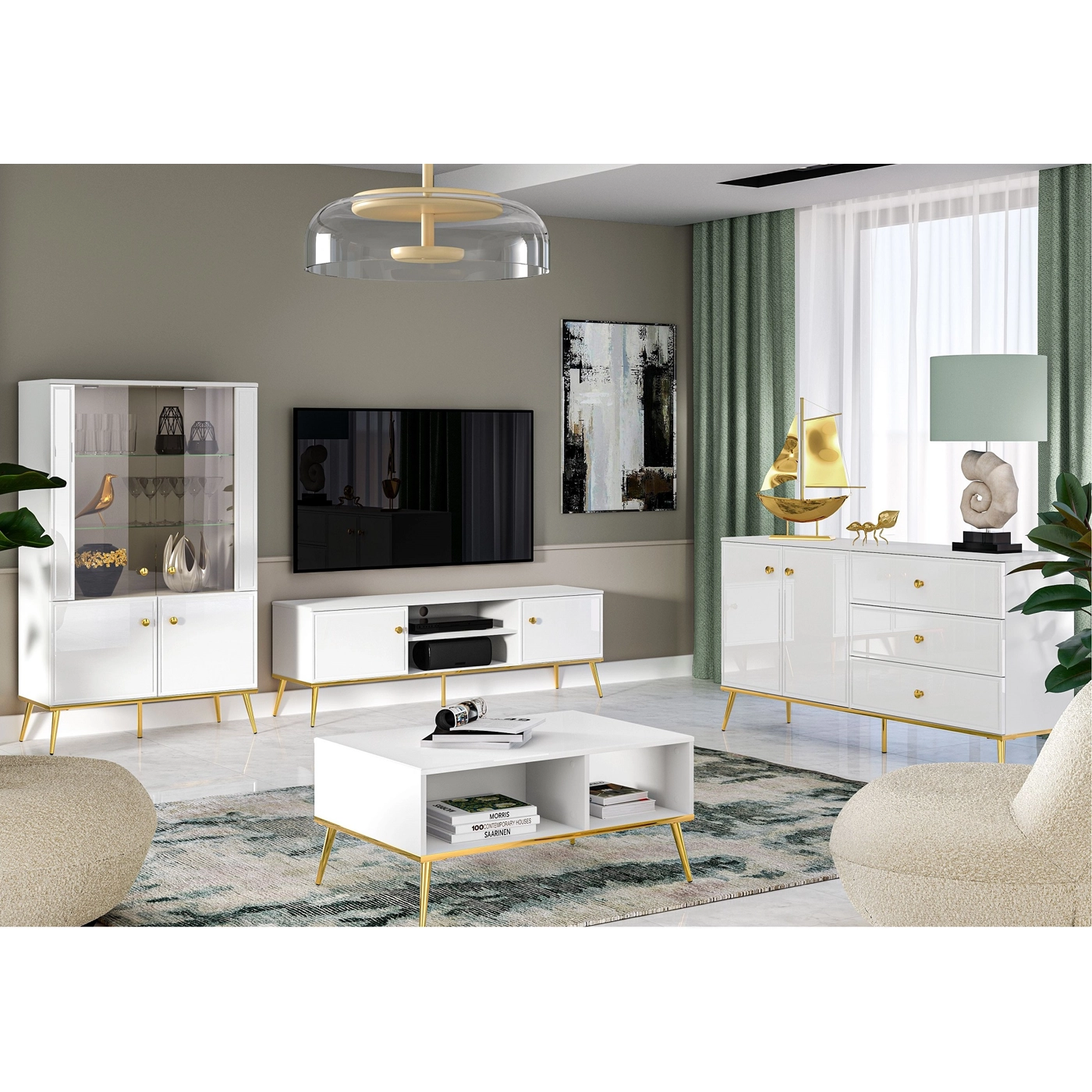 zestaw mebli biały z nogami złotymi Goldin 2 witryna ława komoda rtv