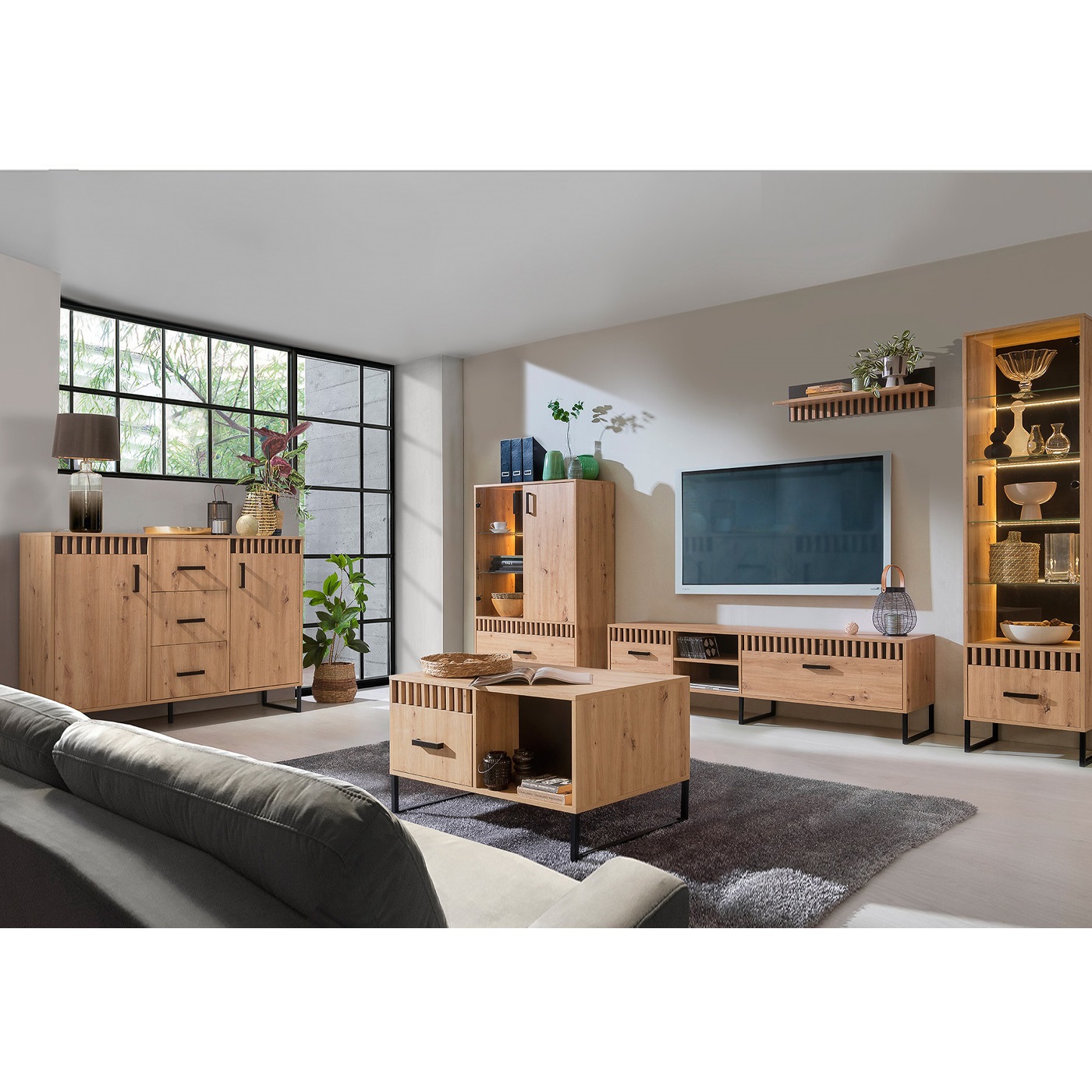 zestaw pokojowy Lamelix 1 loft duża komoda rtv szafka witryna ława