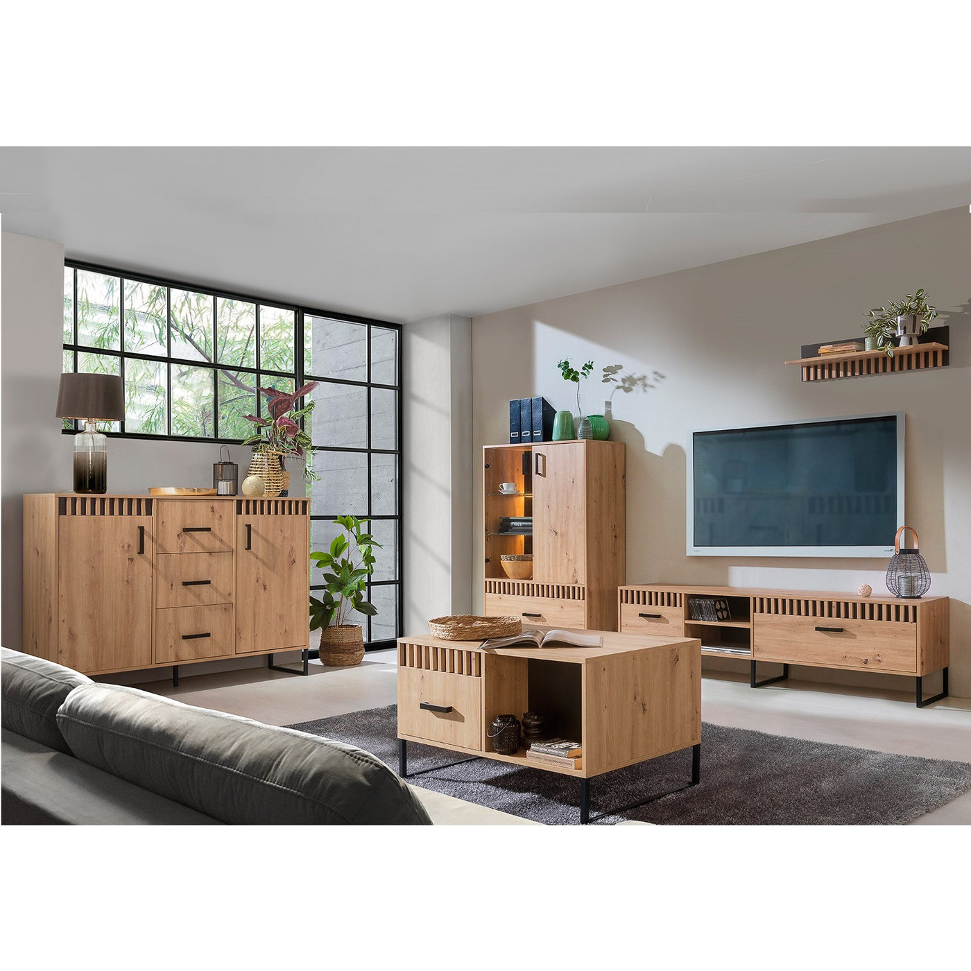 zestaw mebli loft Lamelix B komoda witryna rtv szafka ława komplet