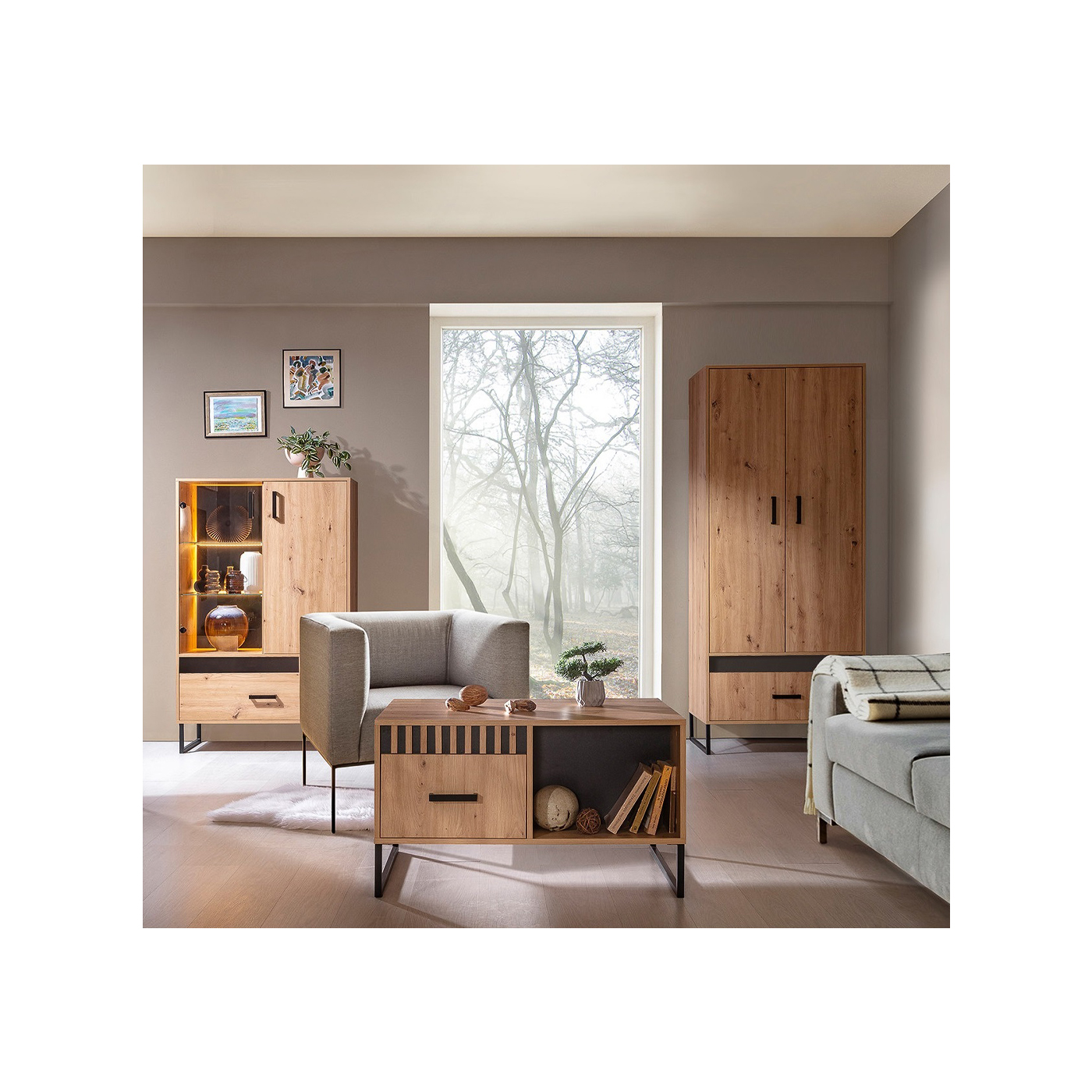 zestaw mebli z lamelami na nóżkach Lamelix E witryna ława szafa loft