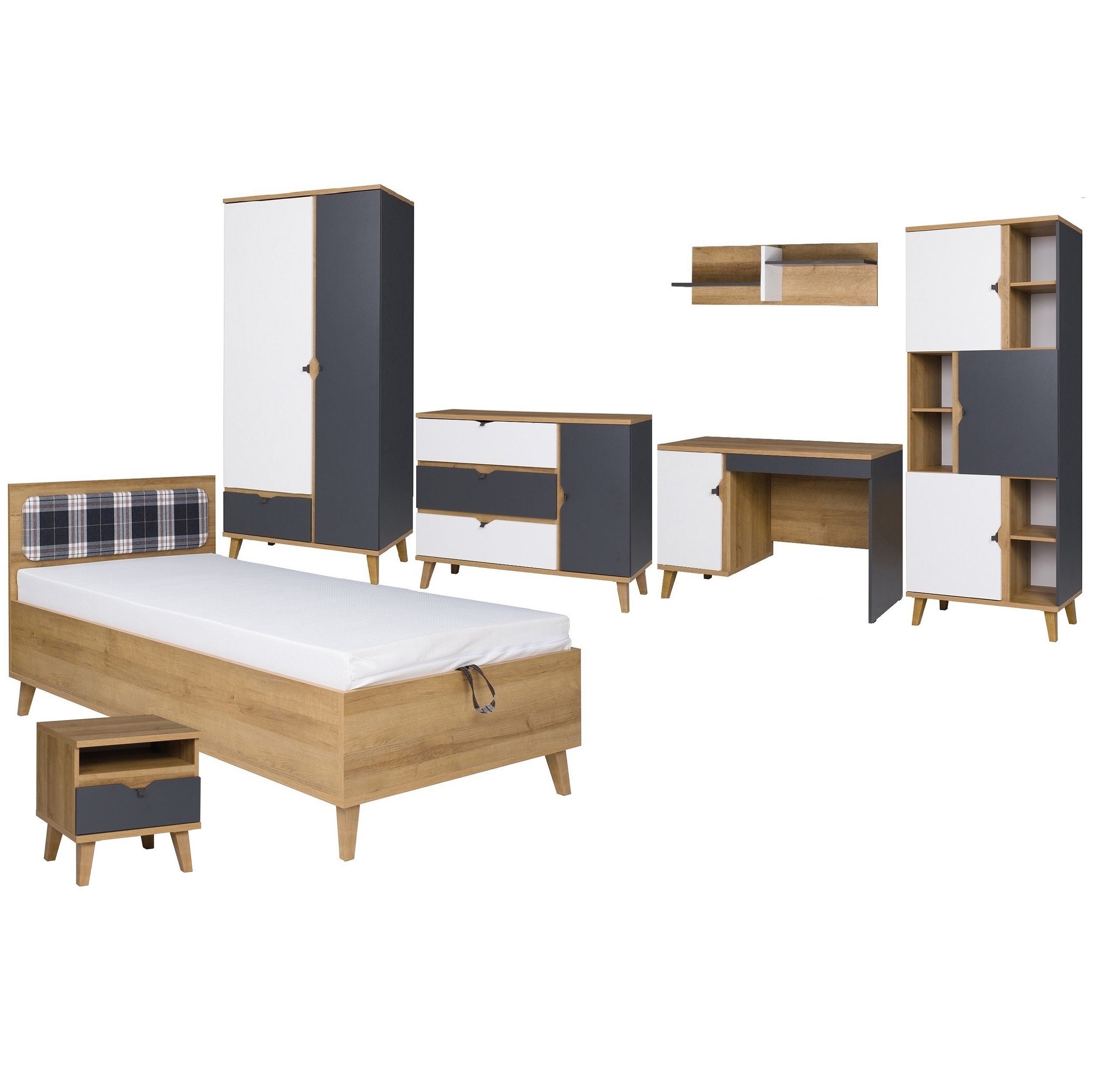 zestaw mebli na nóżkach Memone 1a biurko łóżko komoda szafa regał